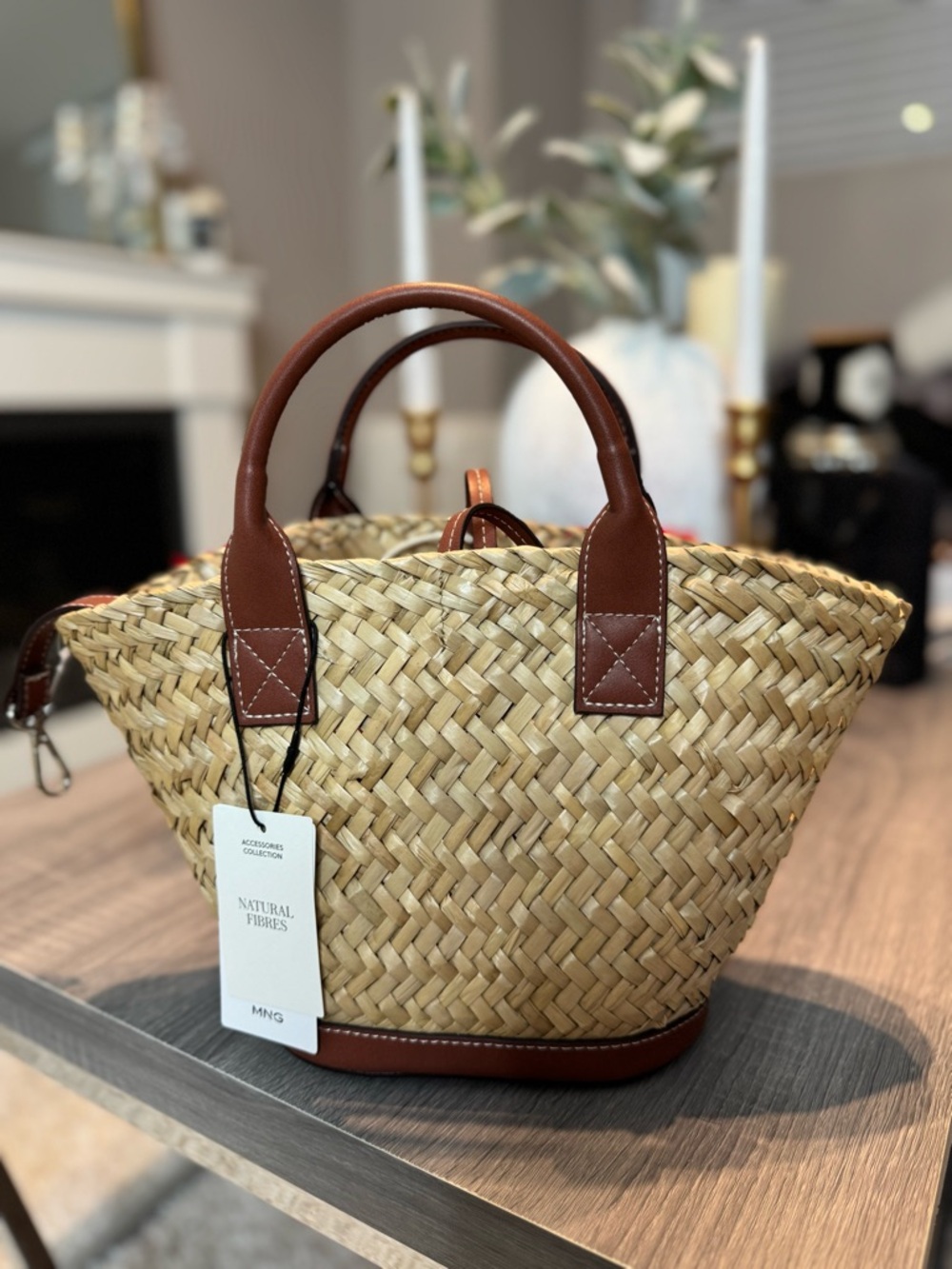 Mango Natural Straw Tote with Brown Trim